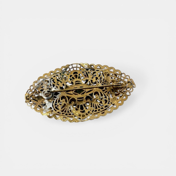 Vintage Czech Aqua Rhinestone Brooch Art Deco 1930s, Ornate Brass Filigree Oval - Picture 5 of 8